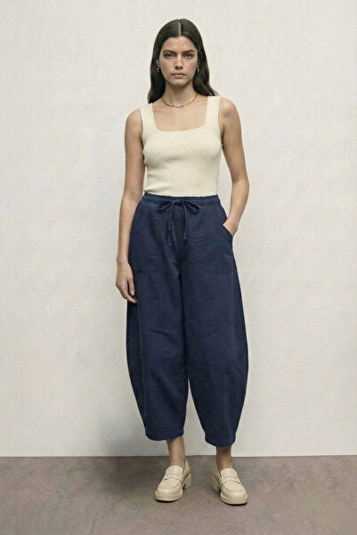 Atölye Güven Women's Navy Blue Drawstring Waist Patch Pocket Linen Look Balloon Cut Trousers