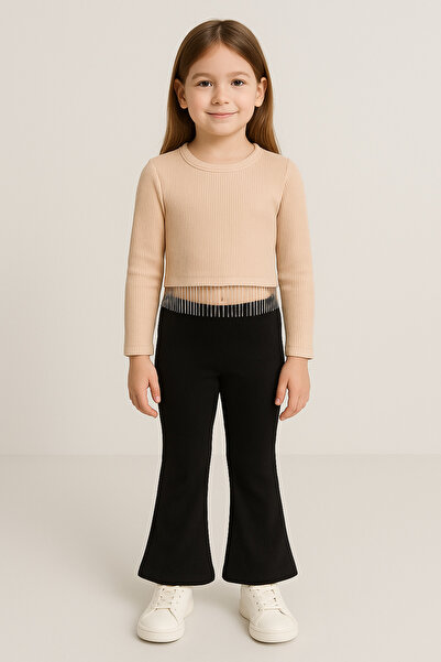 mini kanka 4-12 Years Old Girls' Ribbed Crop Top and Black Flare Pants Combination