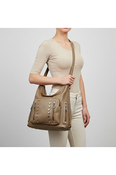 Kılinkır Shallow Model High Quality Soft Leather with Stone Side Pockets Multi-Section Large Size Backpack and Shoulder Bag