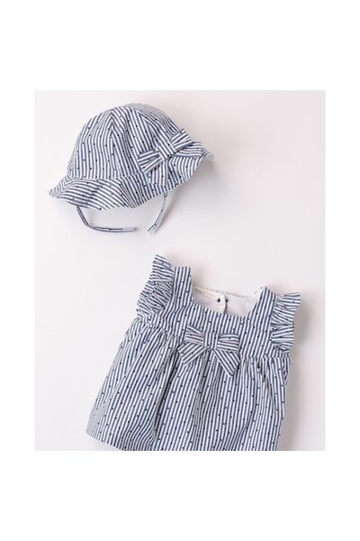 minibanda - Cotton dress and hat set for girls, white-blue stripes, 86 cm