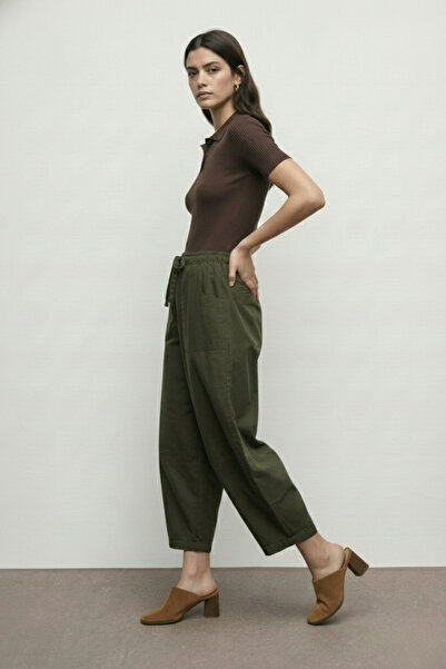 Atölye Güven Women's Khaki Drawstring Waist Patch Pocket Linen Look Balloon Pants - 100% Cotton