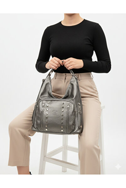 Kılinkır Shallow Model High Quality Soft Leather with Stone Side Pockets Multi-Section Large Size Backpack and Shoulder Bag