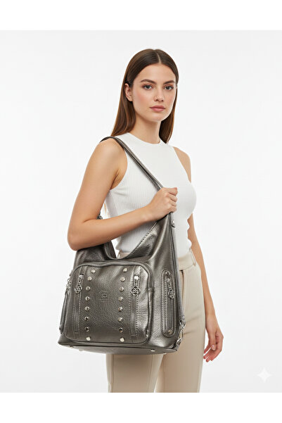 Kılinkır Shallow Model High Quality Soft Leather with Stone Side Pockets Multi-Section Large Size Backpack and Shoulder Bag