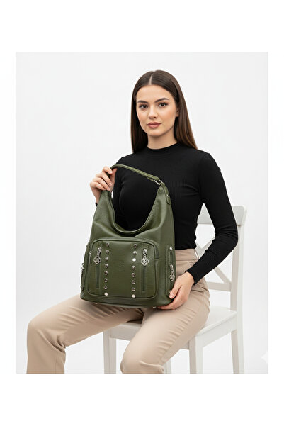 Kılinkır Shallow Model High Quality Soft Leather with Stone Side Pockets Multi-Section Large Size Backpack and Shoulder Bag