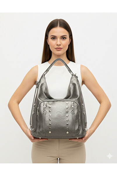 Kılinkır Shallow Model High Quality Soft Leather with Stone Side Pockets Multi-Section Large Size Backpack and Shoulder Bag