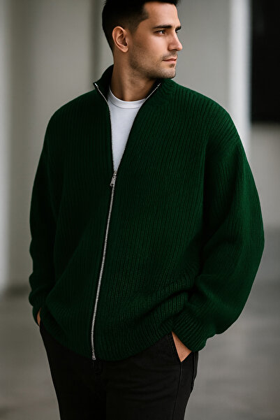 beuivo Men's Green Thessaloniki Knitted Full Zip Oversized Sweater Cardigan