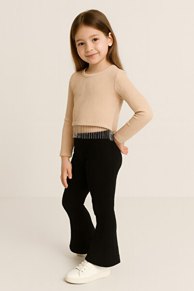 mini kanka 4-12 Years Old Girls' Ribbed Crop Top and Black Flare Pants Combination