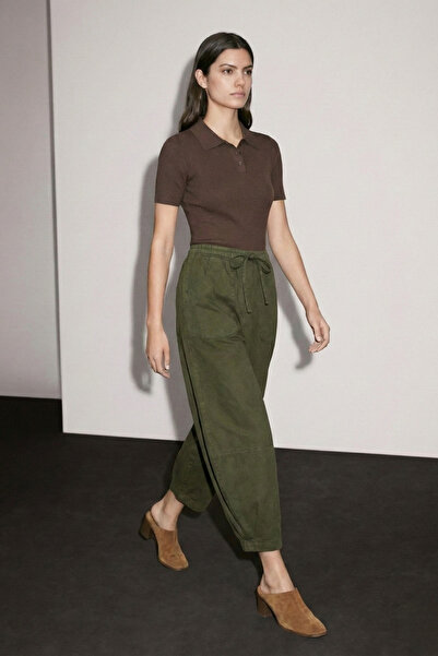 Atölye Güven Women's Khaki Drawstring Waist Patch Pocket Linen Look Balloon Pants - 100% Cotton