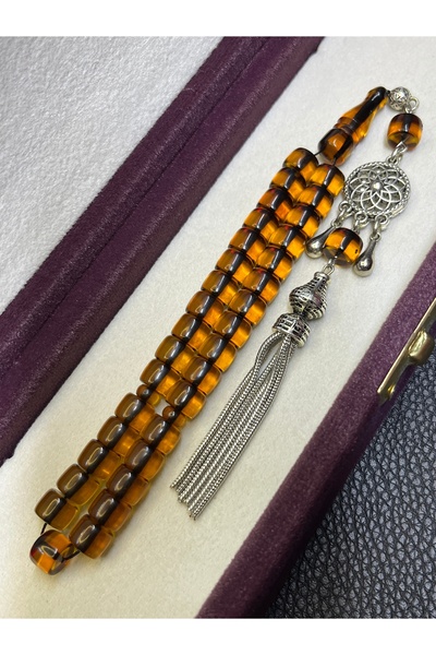 sitre Ateş Kehribar Tesbih Gümüş Kaplama Püskül