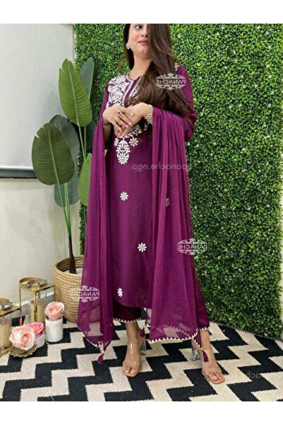 MYSMAR سالوار قميص ودوباتا من القطن الرايون أرجواني - HRT2694 | بنفسجي