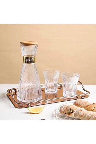 PUFO Carafă specială din sticlă cu capac etanș din bambus și 6 pahare canelate - Set elegant de servire