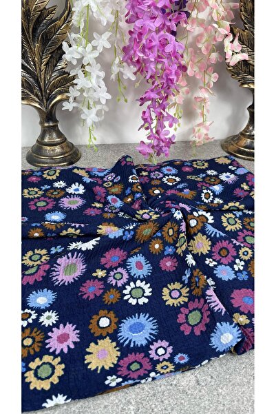 Sobe Hediyelik Navy Blue Floral Patterned Writing Scarf