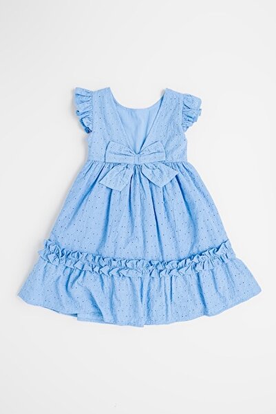 Sarabanda Rochie evazat din bumbac cu aplicație cu fundă la spate, albastru pastel, 116 cm