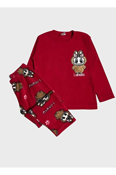 ALİŞ KİDS Girls - Boys' Fleece Fabric Red Labubu Patterned Long Sleeve Winter Pajama Set