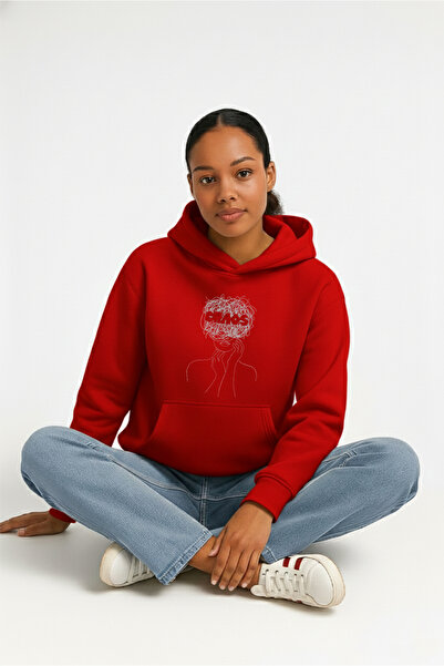 LORVEX Жіночий оверсайз-светр з капюшоном, 100% бавовна, з принтом CHAOS