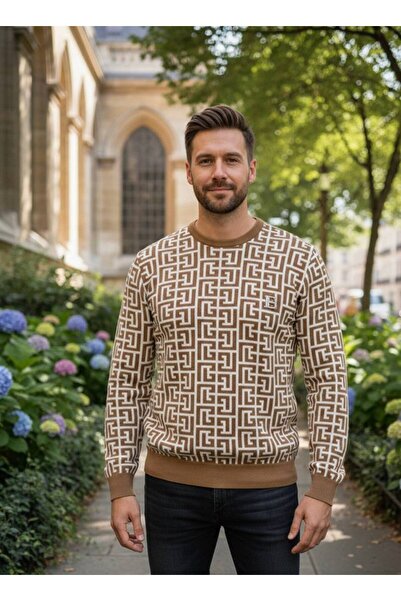 YusGos Men's Crew Neck Steel Knit High Quality Geometric Pattern Sweater