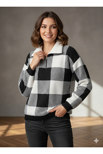 K-ODEA BUTİK Women's Black Soft Textured Plaid Zippered Knitwear Sweater