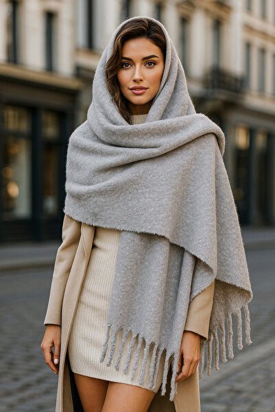 Luminos Butik Tasseled Gray Women's Shawl Scarf - Accessory with Soft, Stylish and Comfortable Fabric Sal1257