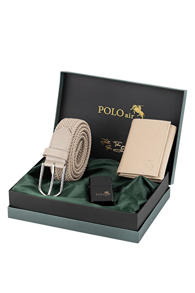 Polo Air Esnek Kemer Mıknatıslı Cüzdan Çakmaklı Erkek Kombin Set Vizon Renk C...