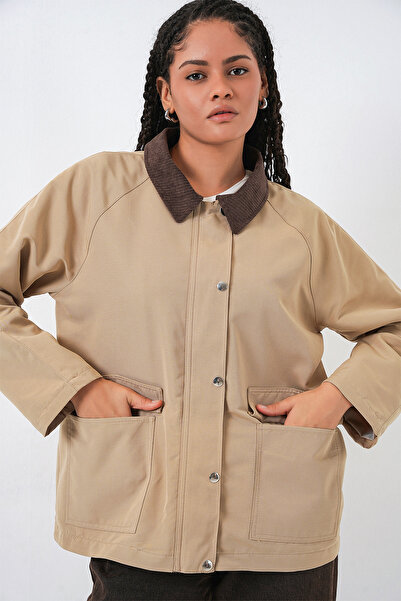 Bigdart Women's Pocket Detailed Oversized Jacket 5973 - Beige