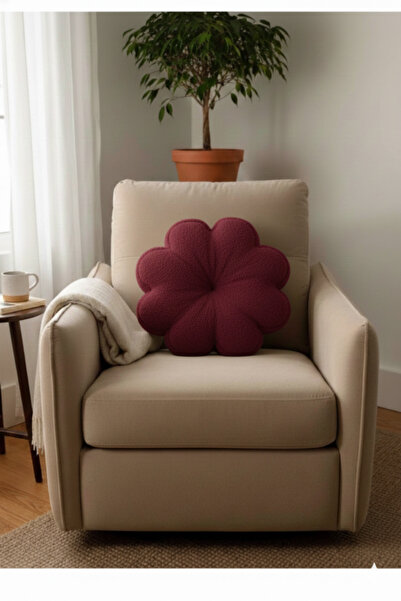 pufftable peluş papatya yastık kırlent içi dolgulu bordo teddy kumaş büyük boy