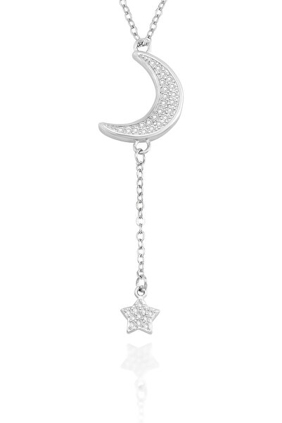 Cosmia Shine قلادة من الفولاذ المقاوم للصدأ على شكل هلال ونجمة مرصعة بحجر الز...
