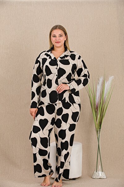 lidofya Patterned Buttoned Belmando Viscose Plus Size Pajama Set