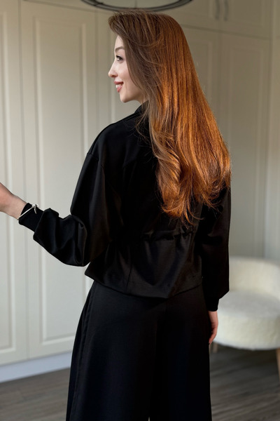 Dilay Gökoğlu Butik Modal Fabric Wide Leg Waist Ruched Detail Cardigan Trouser Set