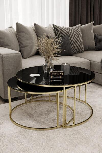 MYDECO Yavrulu 1+1 Orta Sehpa Gold Kaplama Siyah Ayna