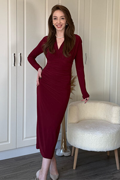 Dilay Gökoğlu Butik V-Neck Elegant Bust Draped Midi Burgundy Dress