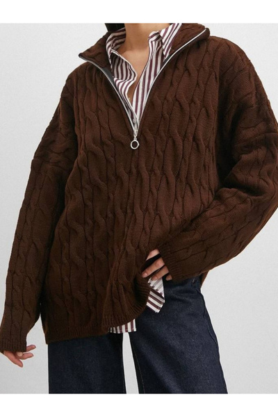 Qualia Butik Women's Hair Braid Pattern Half Zipper Knitwear Sweater