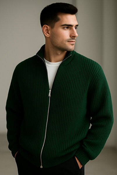beuivo Unisex Oversized Green Full Zipper Sweatshirt Thessaloniki Knitted Cardigan
