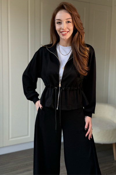 Dilay Gökoğlu Butik Modal Fabric Wide Leg Waist Ruched Detail Cardigan Trouser Set