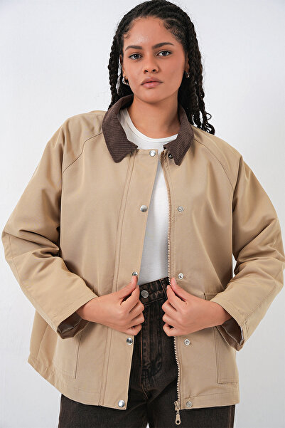 Bigdart Women's Pocket Detailed Oversized Jacket 5973 - Beige