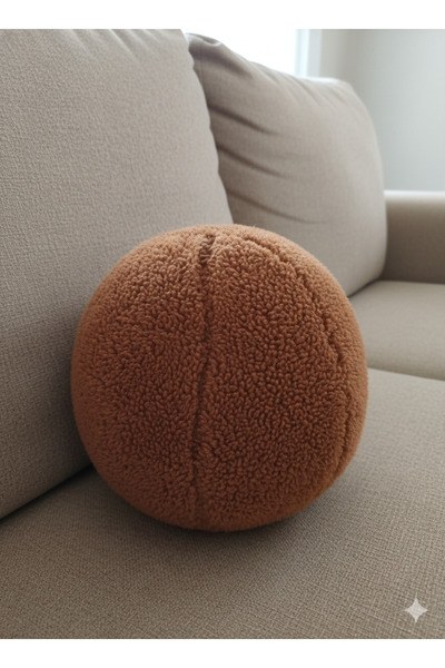 pufftable peluş top yastık kırlent içi dolgulu koyu kahve (tarçın) teddy kumaş