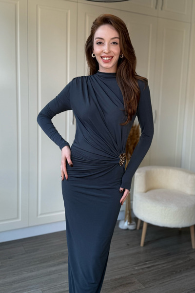 Dilay Gökoğlu Butik Shoulder Draped Maxi Anthracite Dress with Waist Accessories