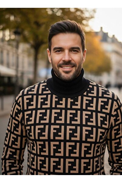 YusGos Men's Turtleneck Steel Knit High Quality Patterned Sweater