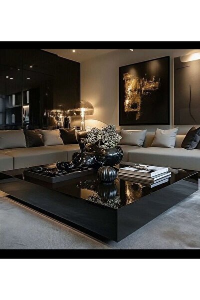 LUXURY VİLLA LUXURY KOMPLE SİYAH CAMLI TEKERLEKLİ ORTA SEHPA 90X90 YÜKSEKLİK 30CM