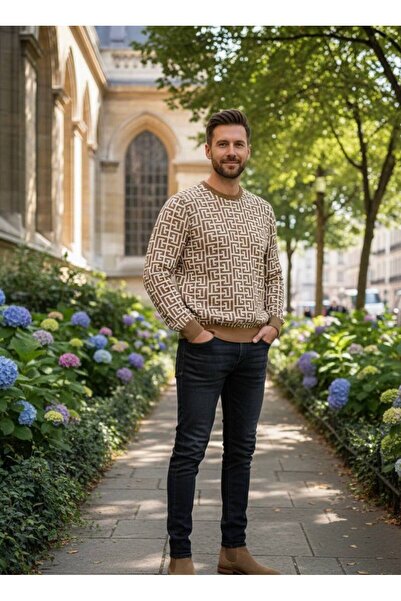 YusGos Men's Crew Neck Steel Knit High Quality Geometric Pattern Sweater