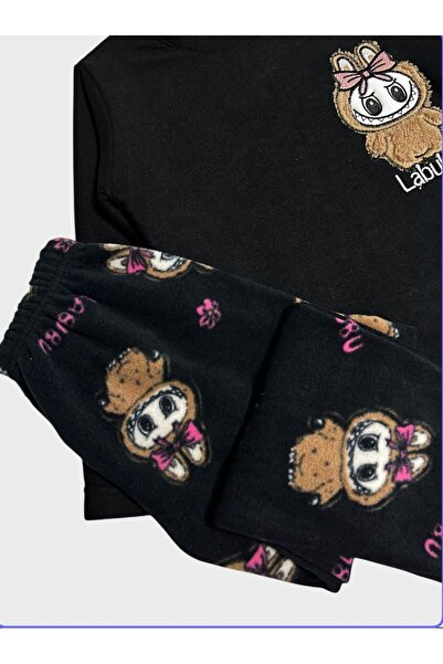 ALİŞ KİDS Girls - Boys' Fleece Fabric Black Labubu Patterned Long Sleeve Winter Pajama Set