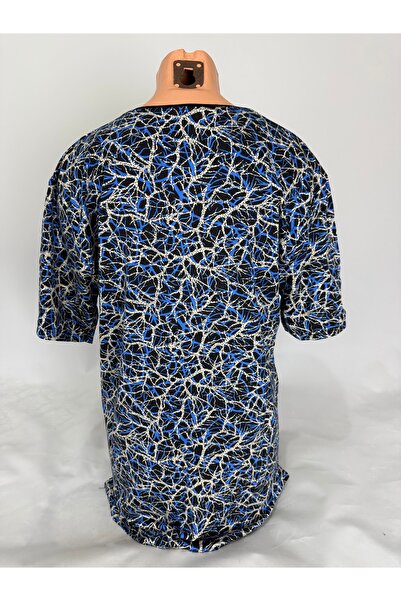 YAŞAR TRİKO Women's Blue Black U-Neck Short Sleeve Patterned Slit Woven Viscose Mother Combed Cotton T-Shirt