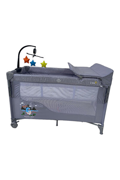 L-Sun Pătuț cu saltea, două niveluri, baldachin și carusel P01 gri