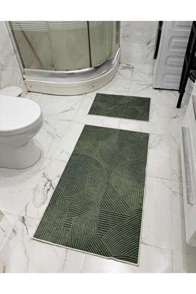 Etnik Dekor Yeşil Çizgili Dijital Baskı Banyo Paspası