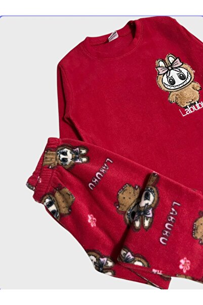ALİŞ KİDS Girls - Boys' Fleece Fabric Red Labubu Patterned Long Sleeve Winter Pajama Set