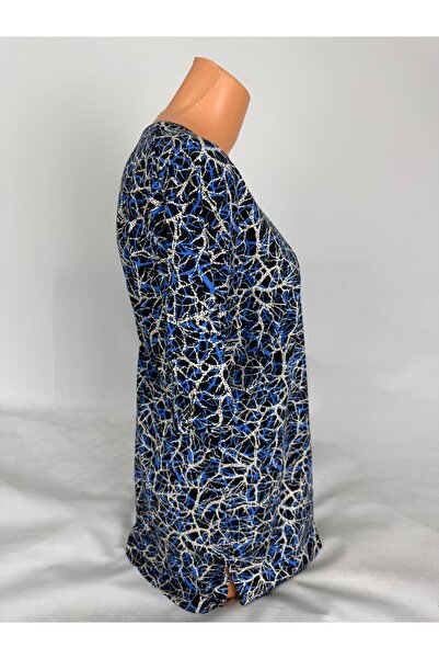 YAŞAR TRİKO Women's Blue Black U-Neck Short Sleeve Patterned Slit Woven Viscose Mother Combed Cotton T-Shirt