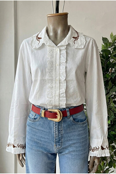 FEMELLE Women's White Collar and Ankle-Length Bird Embroidered Ruffled Cotton Shirt