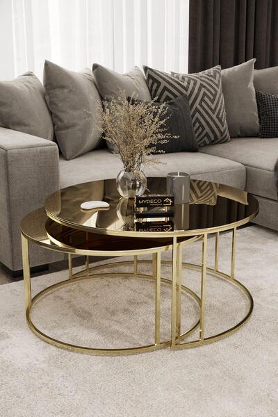 MYDECO Yavrulu 1+1 Orta Sehpa Gold Kaplama Bronz Ayna