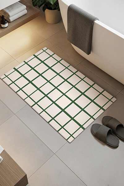 Etnik Dekor White Checkered Digital Print Bath Mat