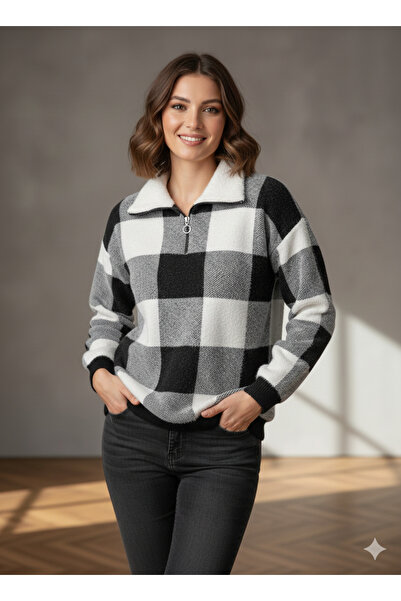 K-ODEA BUTİK Women's Black Soft Textured Plaid Zippered Knitwear Sweater