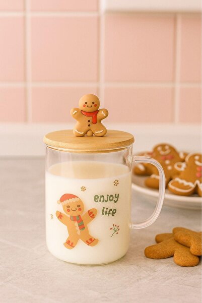 uğurlu dükkan Red checkered cookie man figured glass cup with bamboo lid